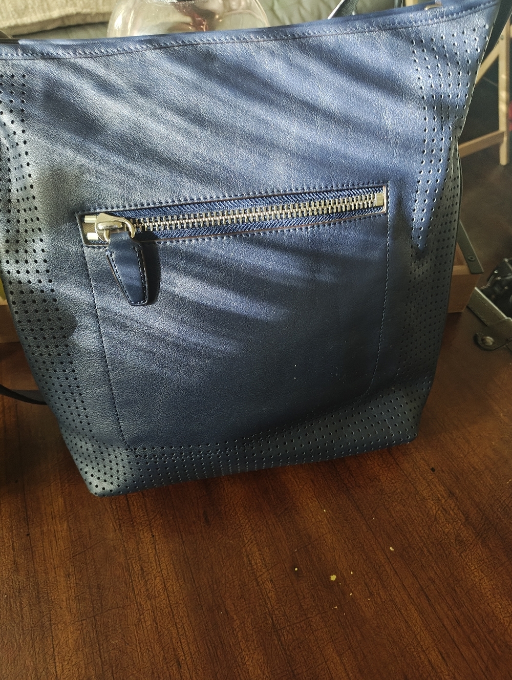 Coach Navy Perforated Leather Hobo with Tassel And Farm Rio Starbucks Tumbler - Picture 6 of 9